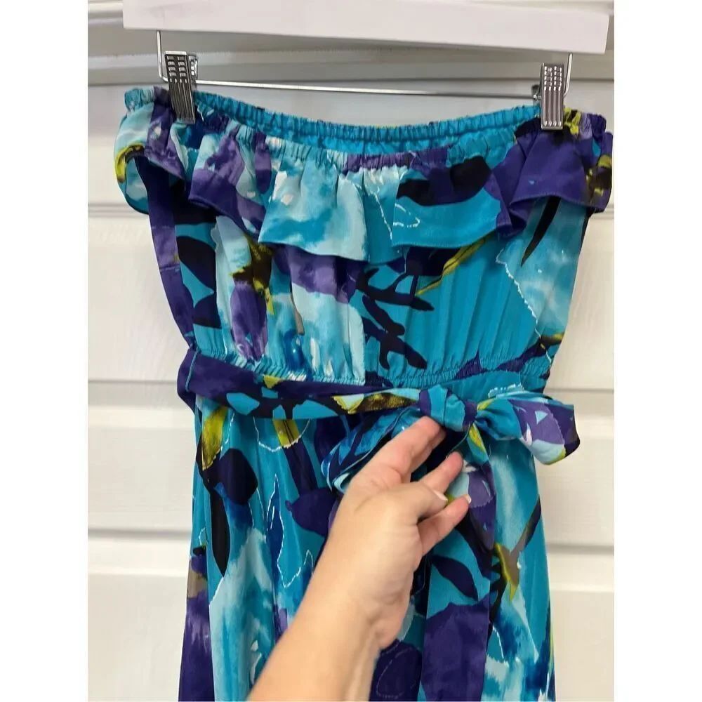 Trina Turk Blue Floral Mix 100% Silk Strapless Belt Tie Maxi Dress sz 4 EUC